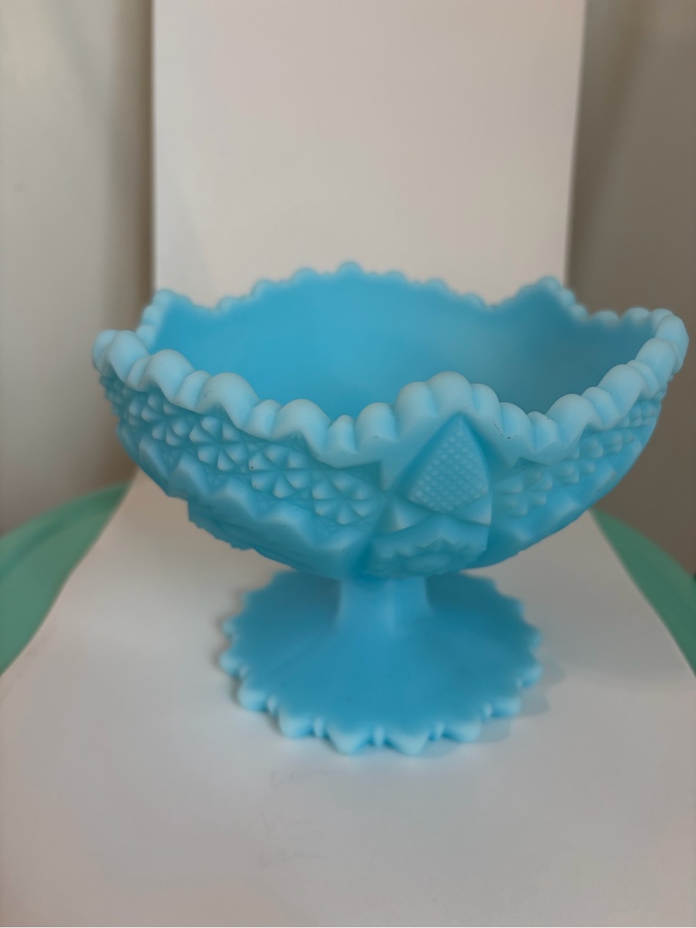 Vintage Fenton Blue Satin Glass Compote Candy Dish Daisy and Pinwheel Pattern